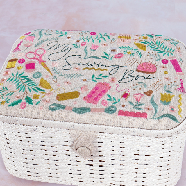 Sewing Box (L): Oval: Wicker Basket: Embroidered: My Sewing
