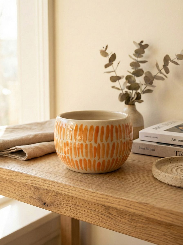 Stoneware Mug with Bright Orange Brush Lines