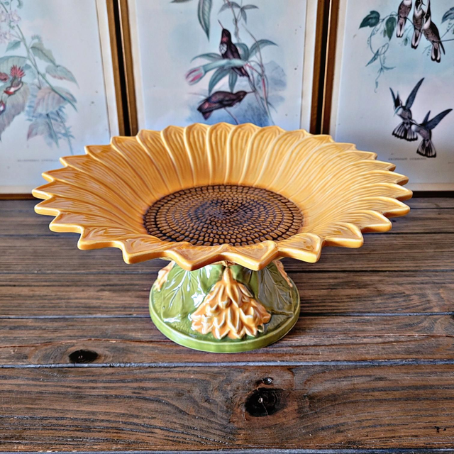 X Compotier barbotine tournesol (plat sur piédouche, coupe à fruits)