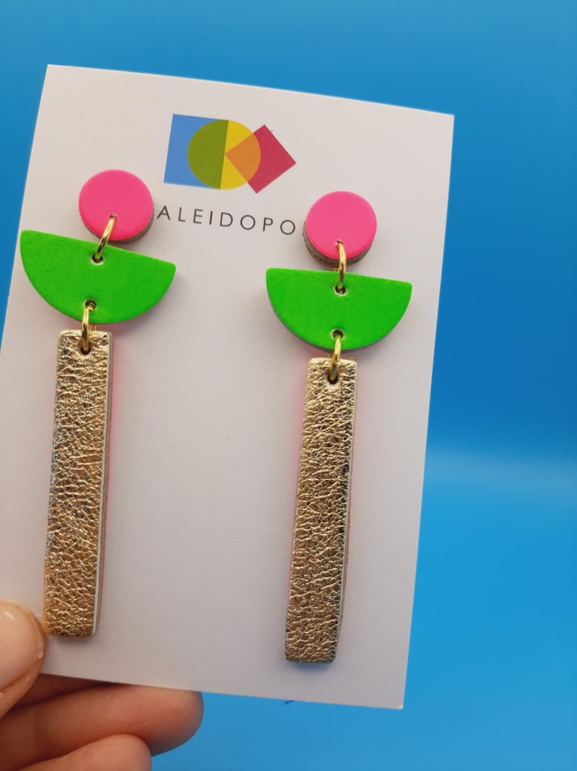Geometric drop earrings  - pink / green / gold