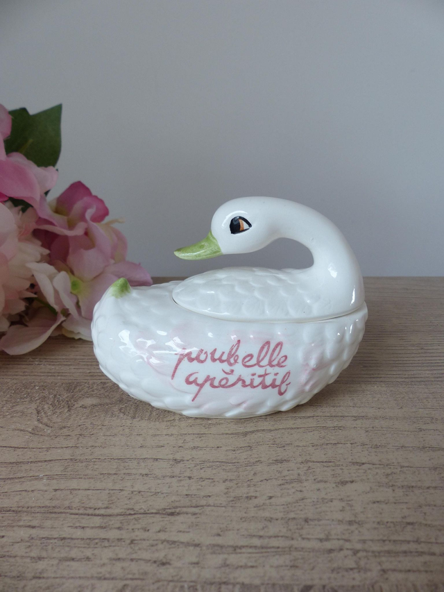 Cygne petite poubelle de table pour apéritif en barbotine, boite cygne, vide poche cygne en céramique, décoration de table oiseau vintage