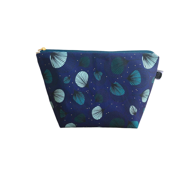 Trousse de toilette - tissu intérieur imperméable - PLUMES vertes fond bleu marine