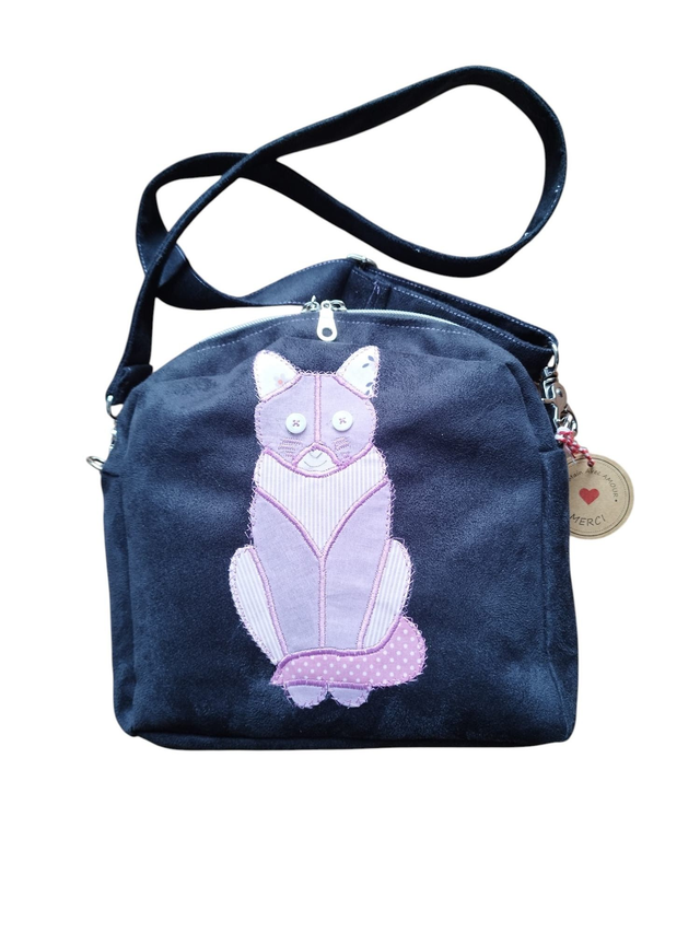 Sac besace en suédine Alaska noir avec appliqué chat