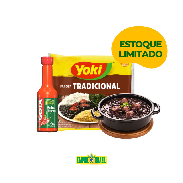 Combo Brasileirinho: 1 Molho de pimenta vermelha Gota 150ml + 1 Kit para Feijoada (Aprox. 400g a 550g) + 1 Farofa Tradicional Yoki 400g