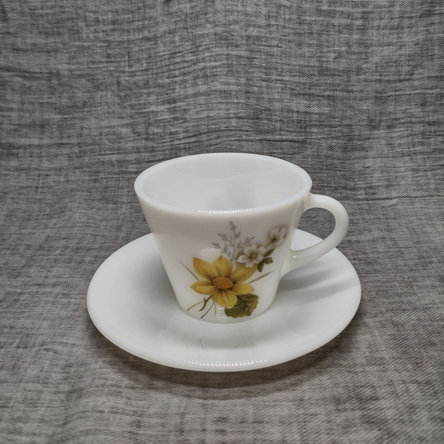 Pyrex | Kop en Schotel (kopje diameter 8,5 | hoogte 7 | schotel diameter 14,5 | hoogte 2 cm) in &#039;Herfstglorie&#039; motief  | Vintage