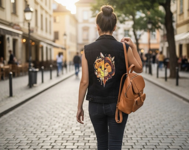 Blouson jeans noir customisé le roi lion 34/36