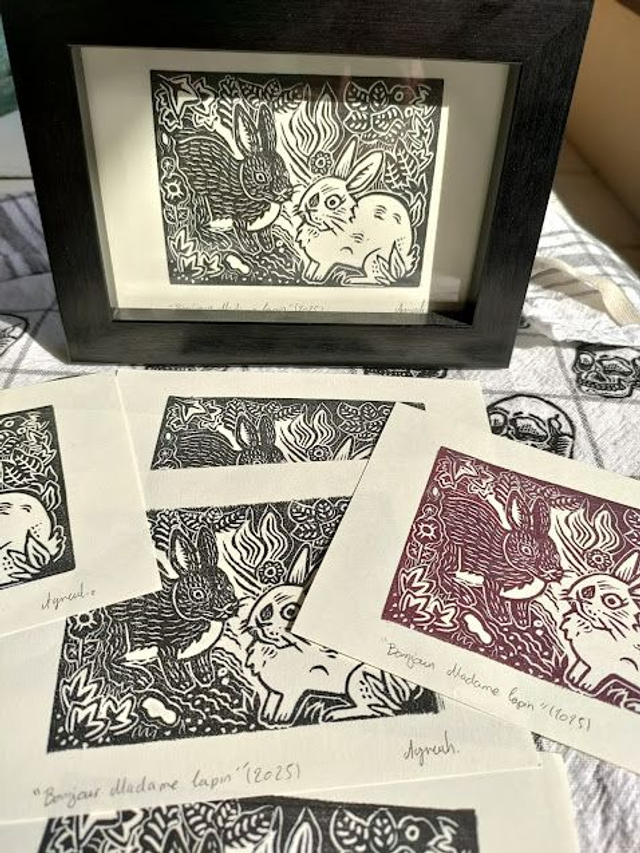 Linogravure/tampon Bonjour Madame lapin" lapins sauvage format 10X14.5 cm