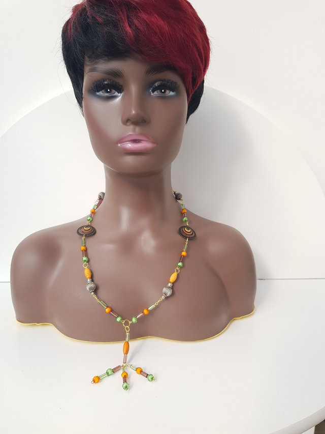 Collier Sautoir Doré Perles Orange Vert Marron