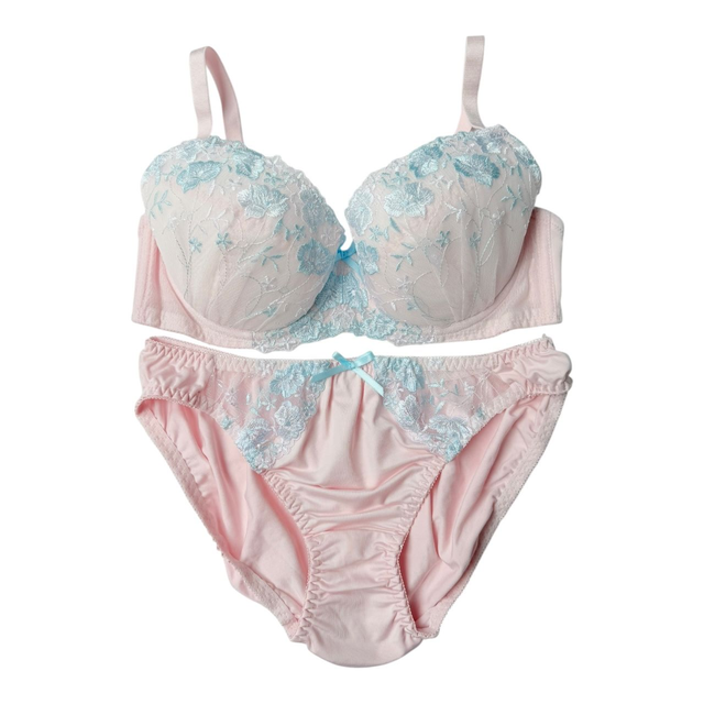 Pink + blue floral embroidered japanese bra and underwear set UK 34D