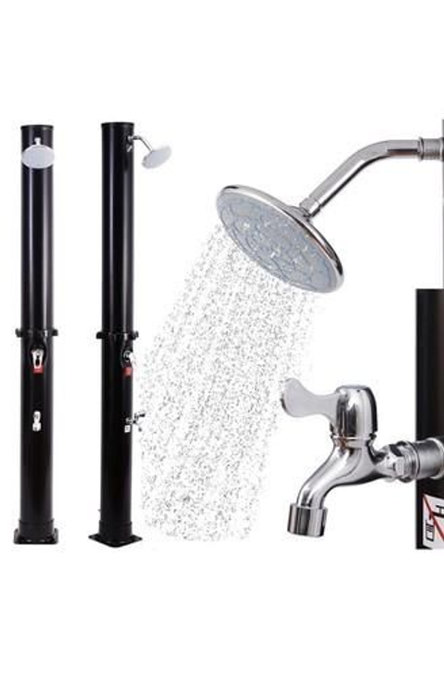 DMS® Solardusche 35 Liter Solar Gartendusche Dusche | warmes Wasser | max. 60°C ohne Stromanschluss Pooldusche Camping| Regenduschkopf und Wasserhahn | Gartenschlauch-Anschluss SD-35 (Schwarz)

