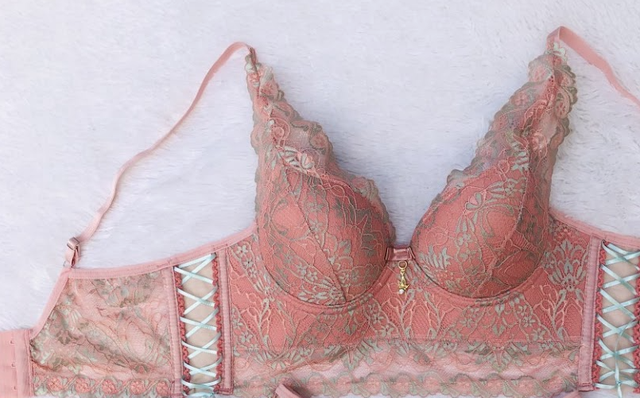 Conjunto Cropped /Bustier de Encaje Bordado en Rosa Salmon y Gris . Con aro y copa, braguita/culote de tule bordado.