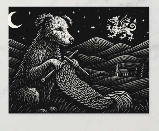 Draig Knitting at Night Postcard