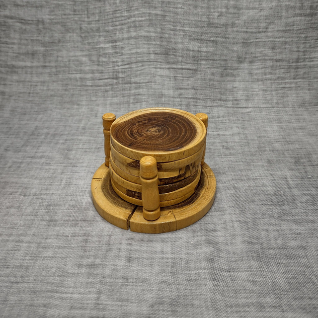 Made in Holland | 7 stuks Handgemaakte ronde houten Onderzetters met bijpassen houder (diameter 11 | hoogte 6,5 cm)  | Vintage