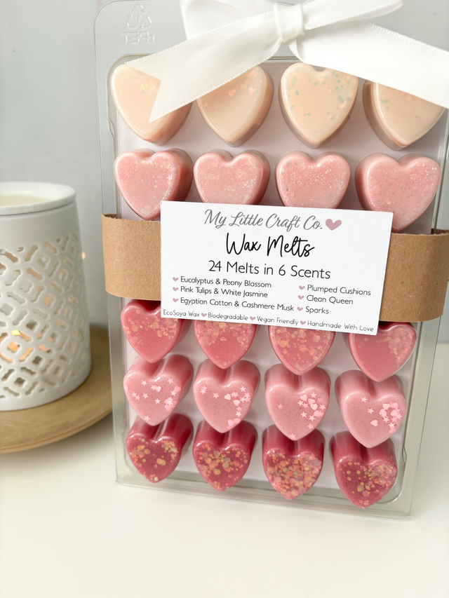24 Wax Melts in 6 Scents, Heart Clamshell, Pink Heart Wax Melts with Biodegradable Glitter