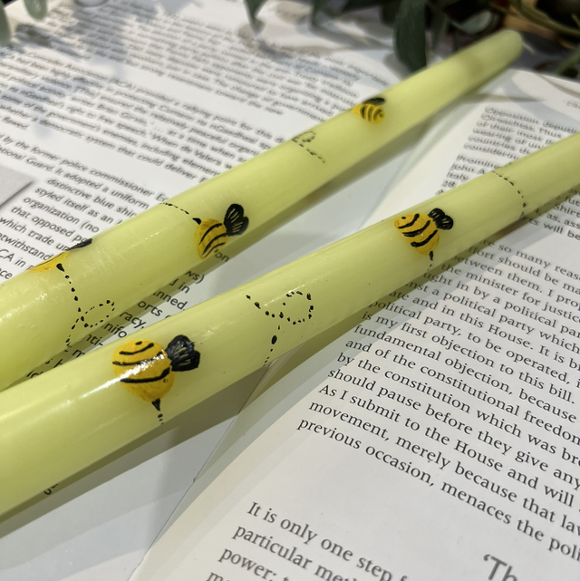 Hand painted bee tapered candle