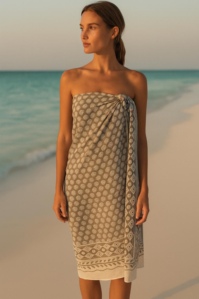 Pareo en Voile de Coton — Gris Clair &amp; Lotus Blanc (185 × 105 cm)