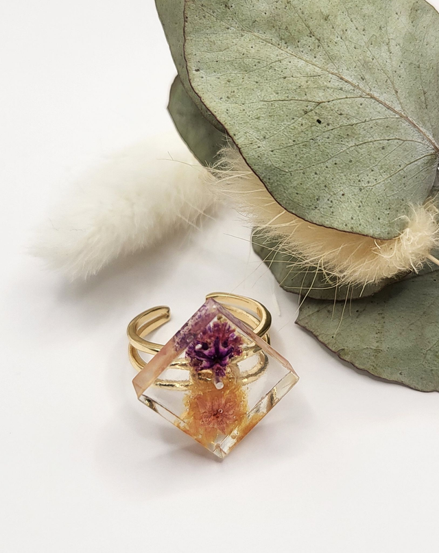 Bague feuille séchée, forme losange, taille unique