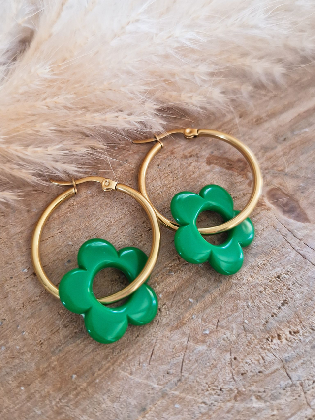 Boucles d'oreilles créoles "Fleurs" - Doré et vert