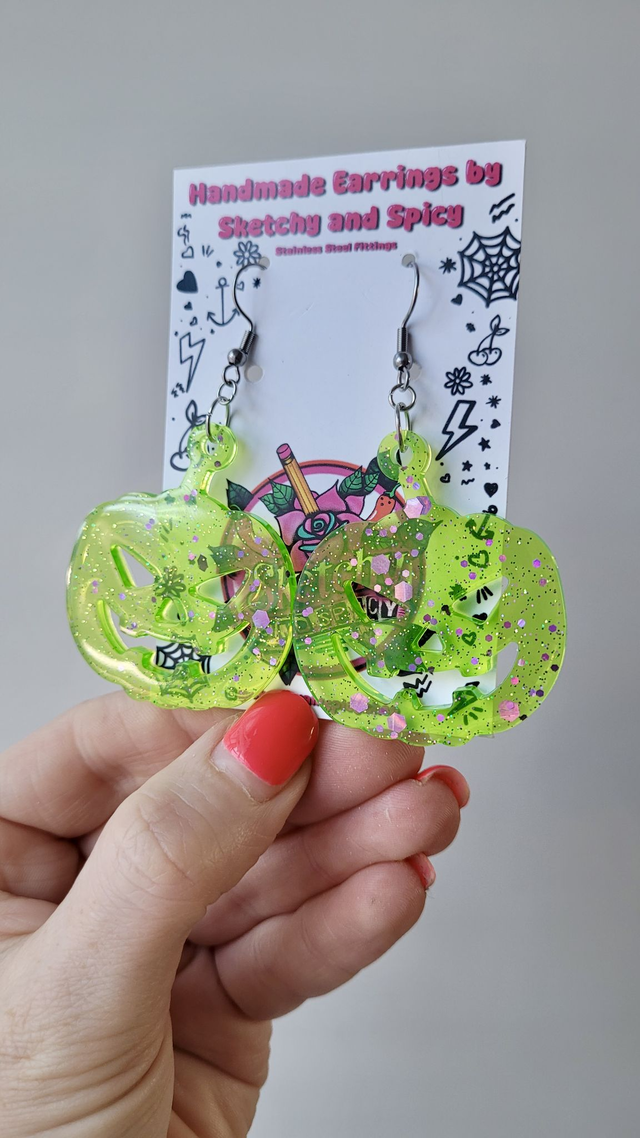 Green and Lilac Glitter Pumpkin Earrings | Stainless Steel Hooks
