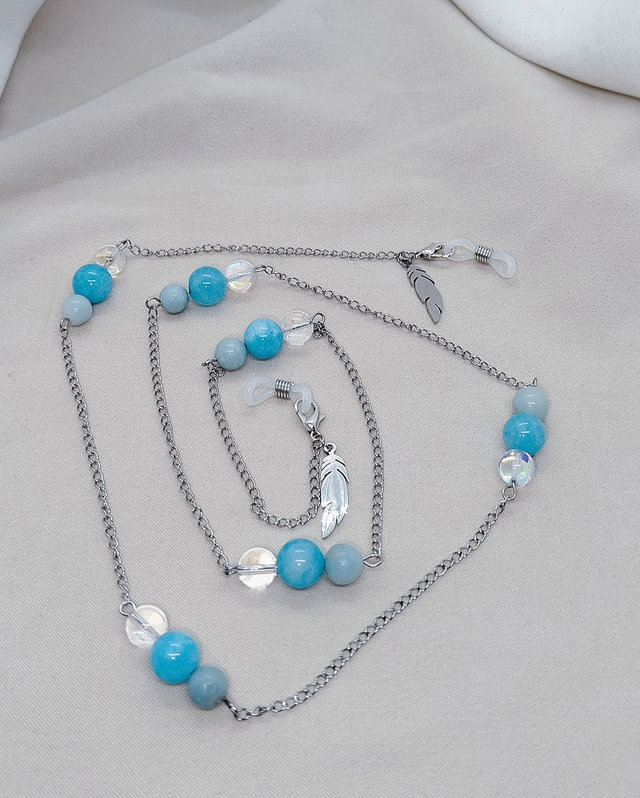 Chaîne de lunettes 78 cm acier inoxydable et pierres naturelles (amazonite, cristal de roche)