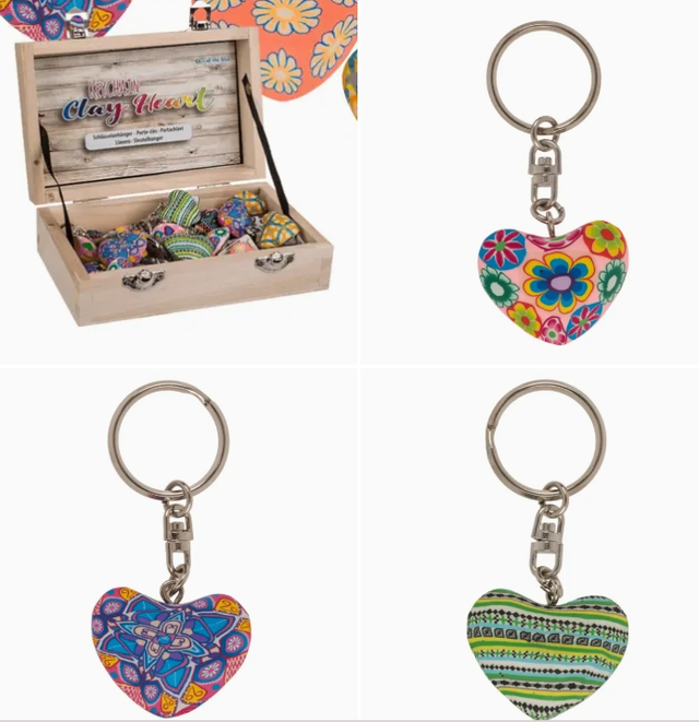 Porte-clés en métal cœur en argile, env. 4 cm, motifs assortis, 