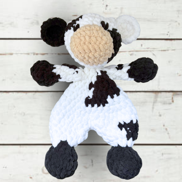 Crochet Snuggler Cow in Black and White, Made with Blanket Yarn, UKCA tested