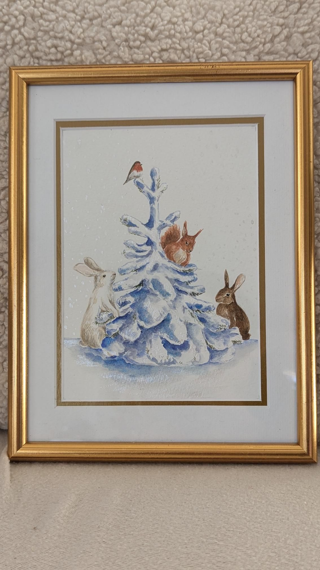 Aquarelle sapin enneigé et animaux 