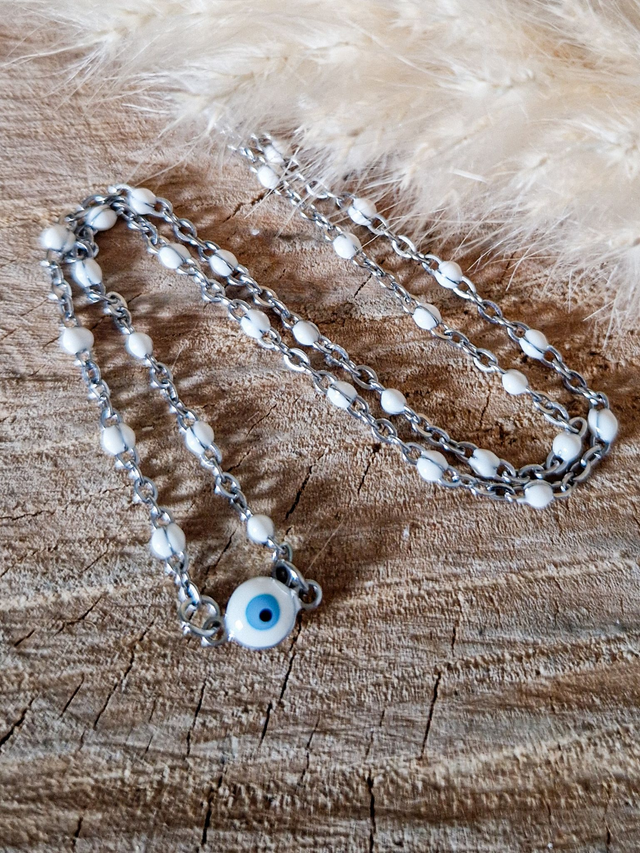 Collier porte-bonheur "Oeil" - Modèle blanc et argenté