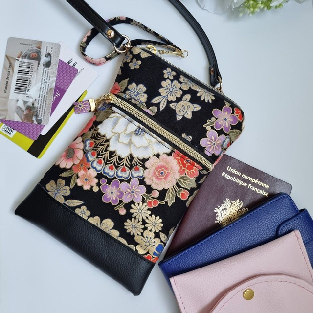 Mini-sac pour téléphone "Kanako" noir & simili cuir noir