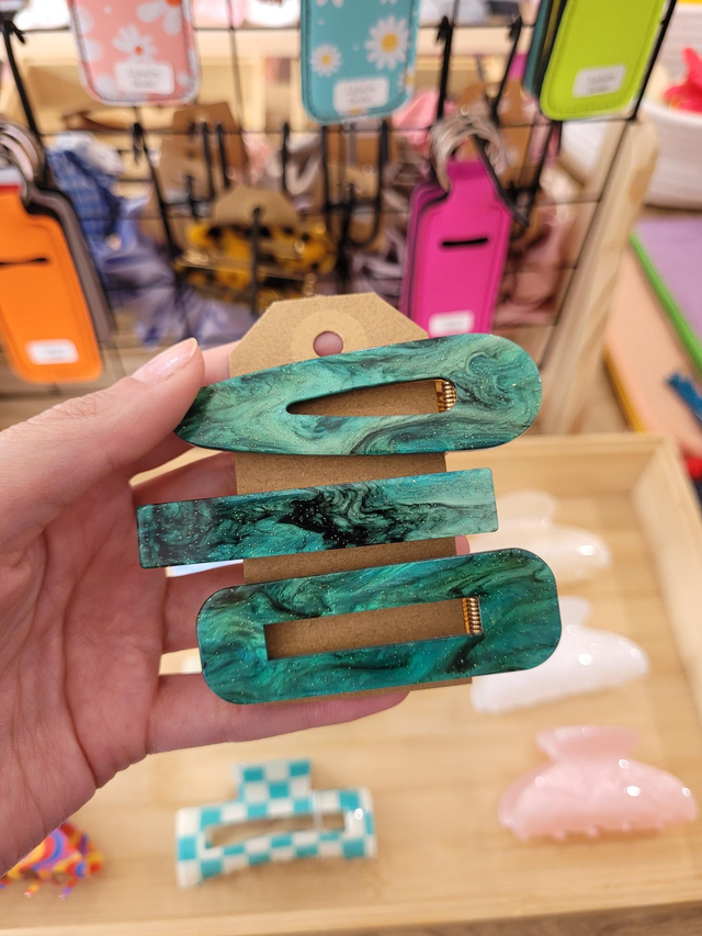 Green glitter marble hairclip trio - HE-030