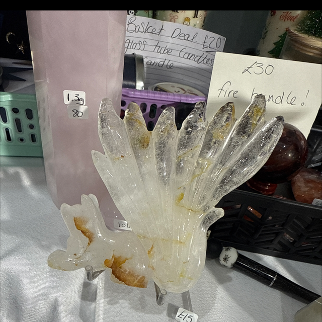 Clear quartz with golden healer 9 tail fox with stand