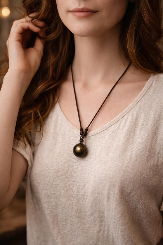 Collier Sphère en Obsidienne Dorée

