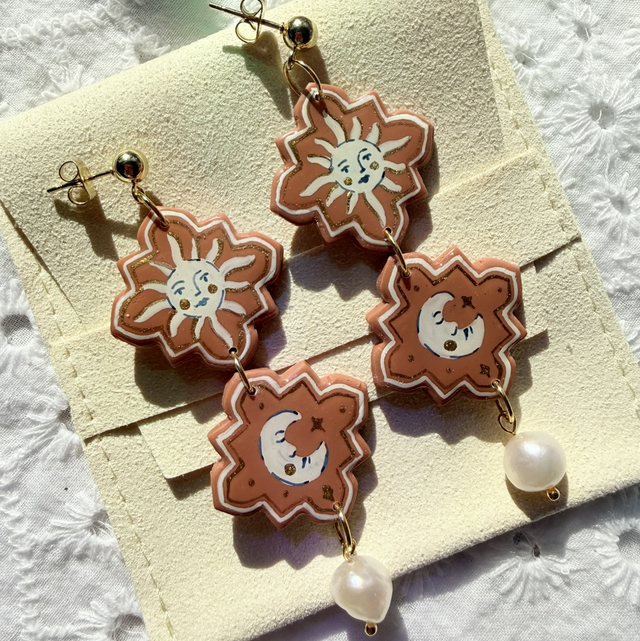 TARA - Celestial Sun and Moon Pearl Drop Statement Earrings