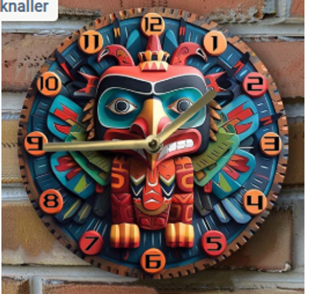 Vintage metalen klok Totempaal (20cm diameter)