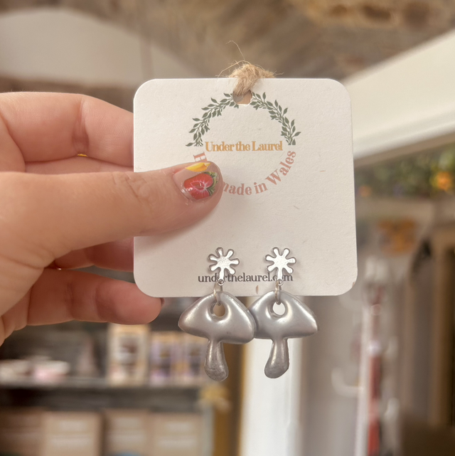 Mushroom Earrings - Silver with Floral Studs