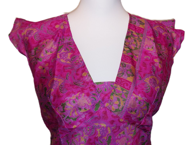 Top femme en soie vintage recyclée - unique, coloré et léger pour l&#039;été - éthique, écoresponsable - motif vert et jaune sur rose