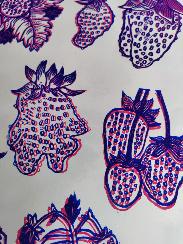 impression linogravure fraises "Collection" bicolore 24X32cm