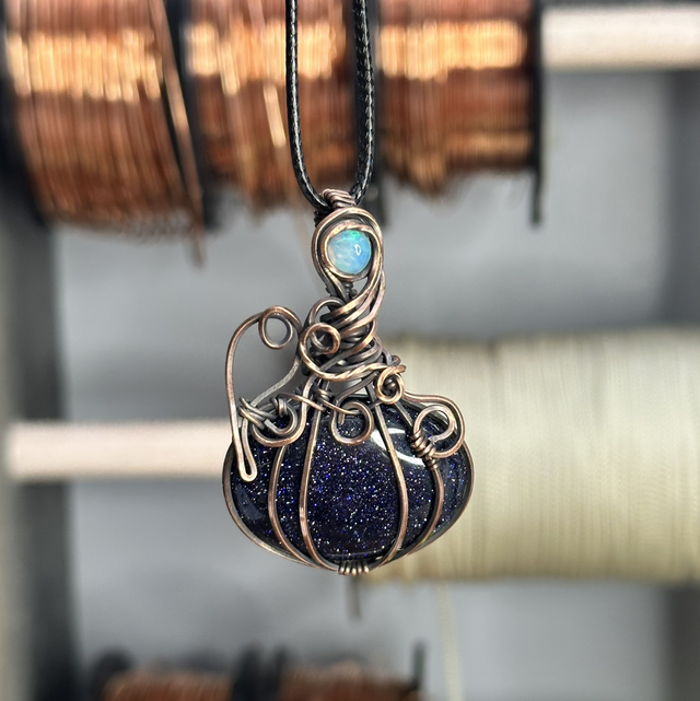 Blue goldstone pure copper wrapped pendant 
