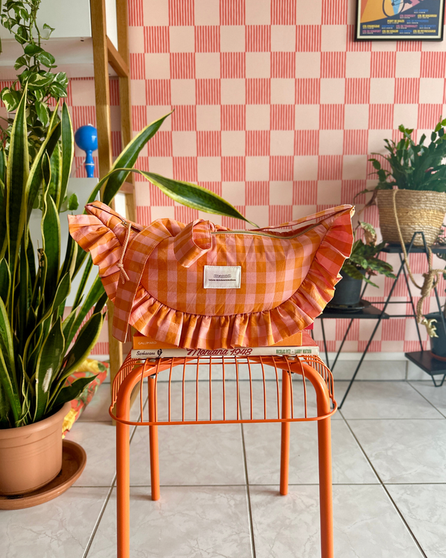 SAC CROISSANT Taille Moyenne - Vichy orange / rose - Fait main à Reims (France)