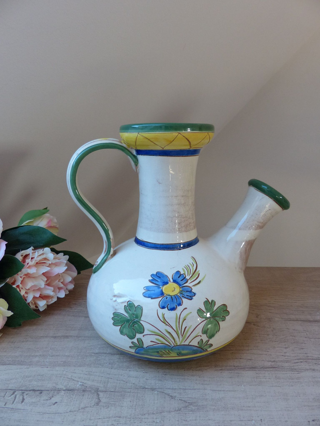 Rare Grand Pichet Carafe Chevrette en terre cuite émaillée de Fleurs Artisanat Italien Numéroté Vintage, Pichet Antique Peint Main Floral