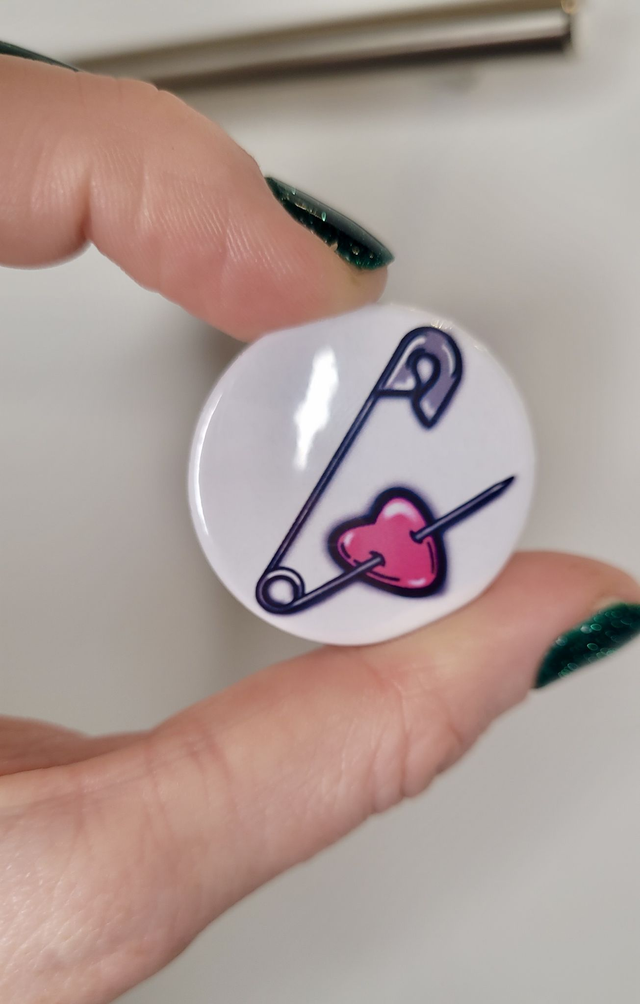 Safety Pin Through Heart Badge – 32mm Round Pin Button