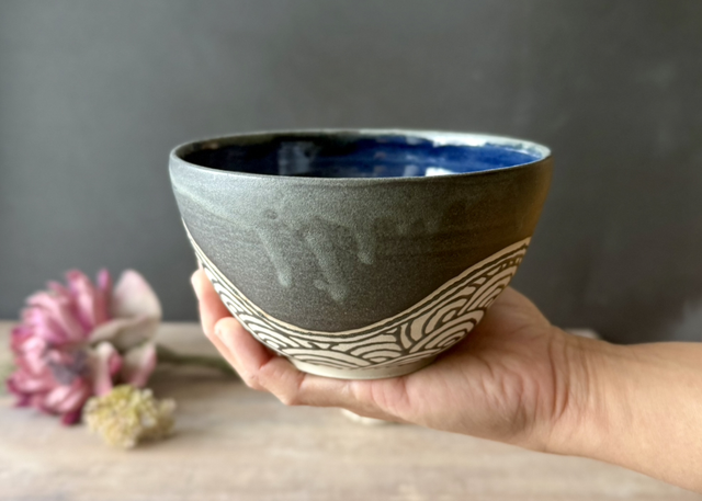 Stoneware Tumbler & Cereal Bowl Set, minimalist clean design, black | wheel-thrown, hand-drawn wave patterns inspired by Japanese patterns