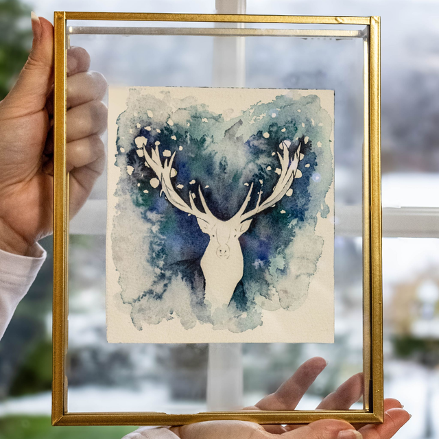 Aquarelle originale encadrée – Cerf hivernal