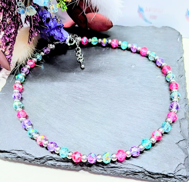 Neon Style Glass Pink, Turquoise &amp; Purple Stainless Steel Beaded Anklet 