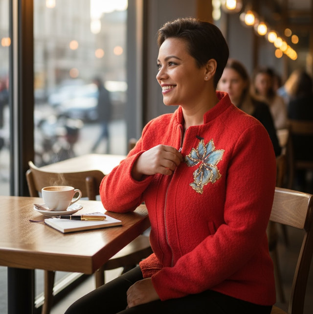 Blouson en laine customisé paon T.44