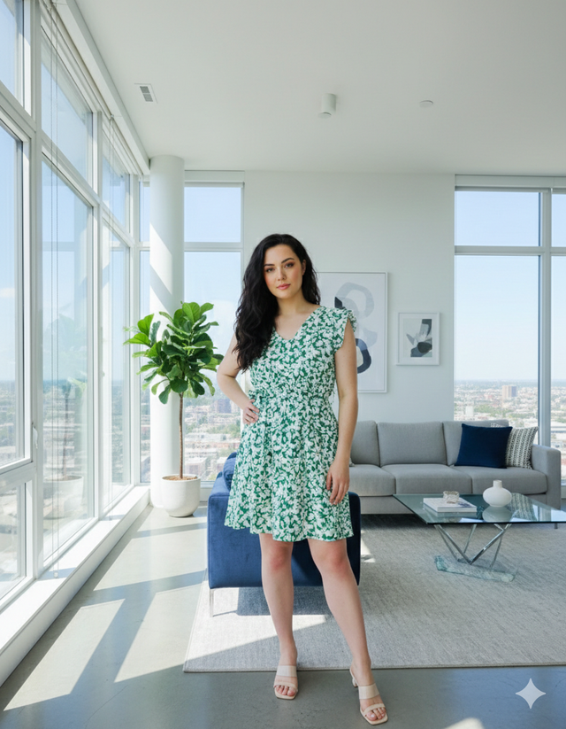 Robe Courte Motifs Floraux Verts et Blancs Léa