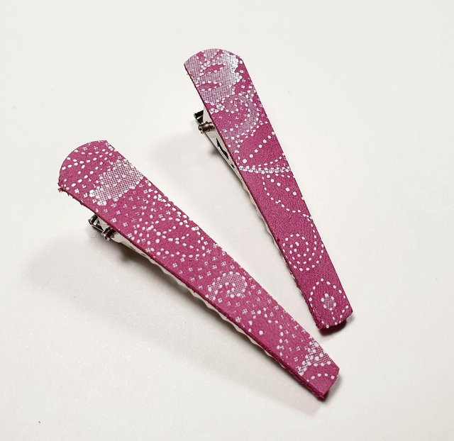 Lot de 2 pinces crocodile en cuir rose et blanc