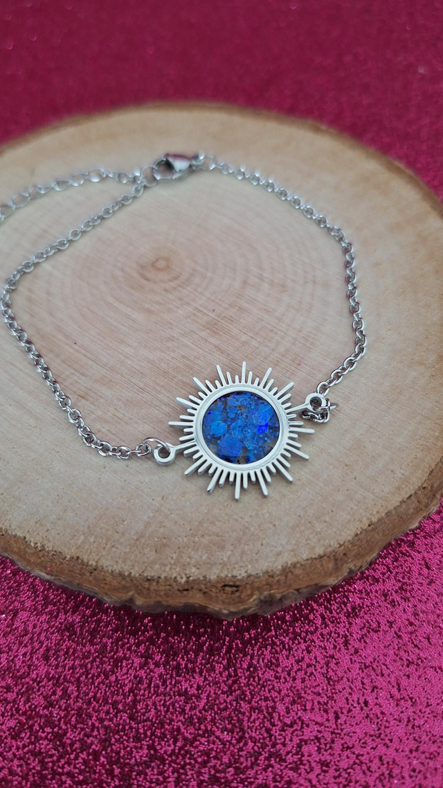Bracelet soleil argenté paillettes bleues foncées