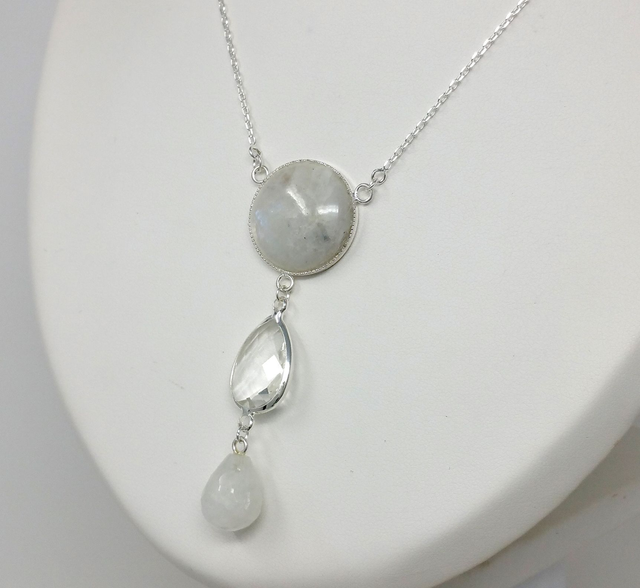 COLLIER CABOCHON ROND PIERRE DE LUNE GOUTTE AVEC CHAINE 42 CM - C149FM