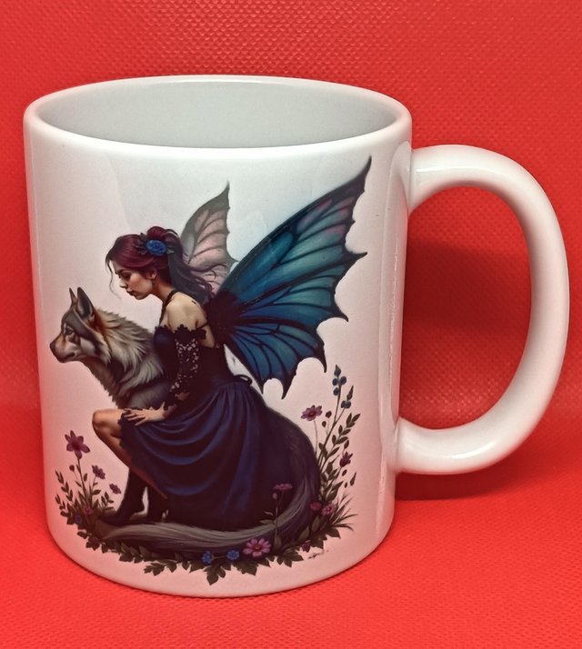 Custom Printed Gothic Fairy With Grey Wolf Coffee Mug